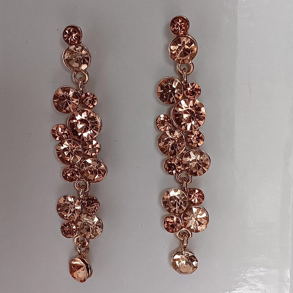 Rose Gold & Pink Faux Diamonds Dangly Earrings, Post Back, 2.5" Length - Picture 6 of 6